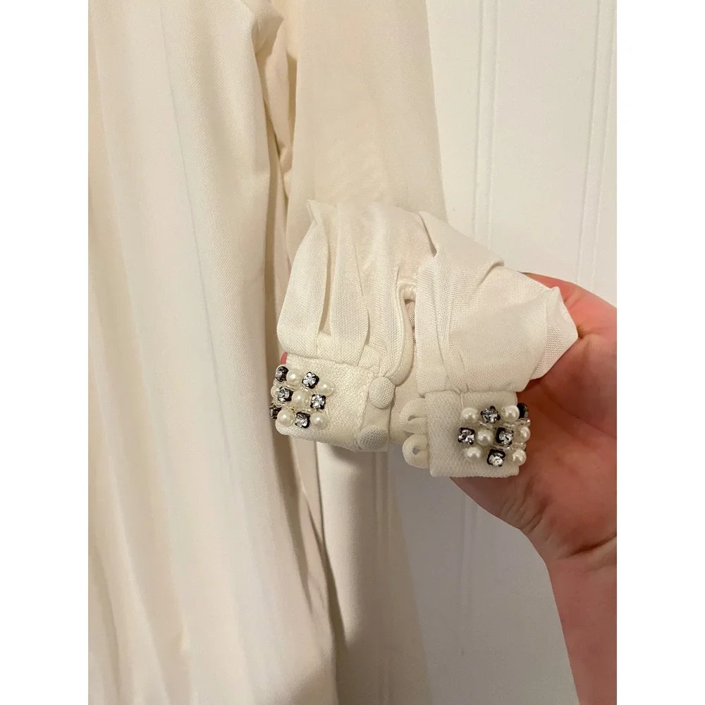 Focus 2000 Blouse Womens Small Ivory Sheer Sleeve Pearl Cuff Pleated office wear